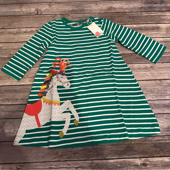 Green Striped Kids Dress with Horse Design